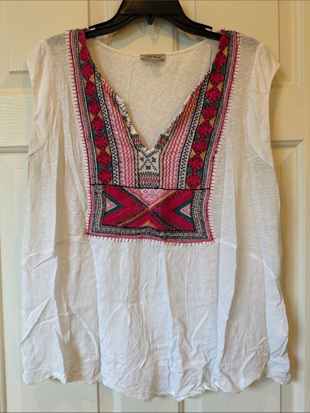 Lucky Brand White Tunic with Pink and Teal Embroidery